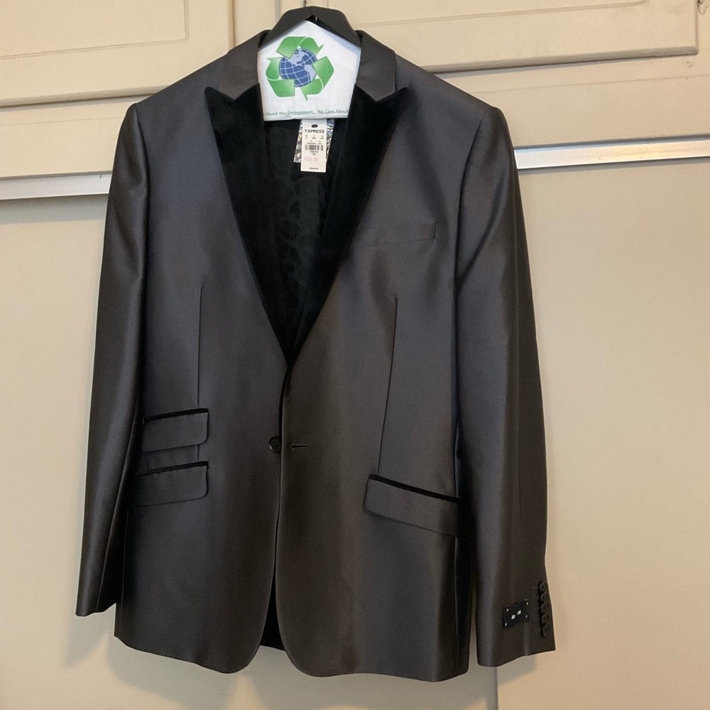 Express brand new 38R slim tuxedo jacket. Dark grey Tux w/ black velvet lapel.